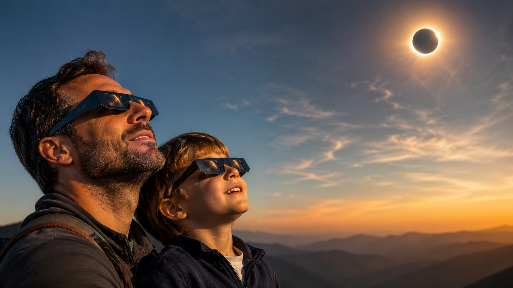 Father and son observing a solar eclipse with certified glasses